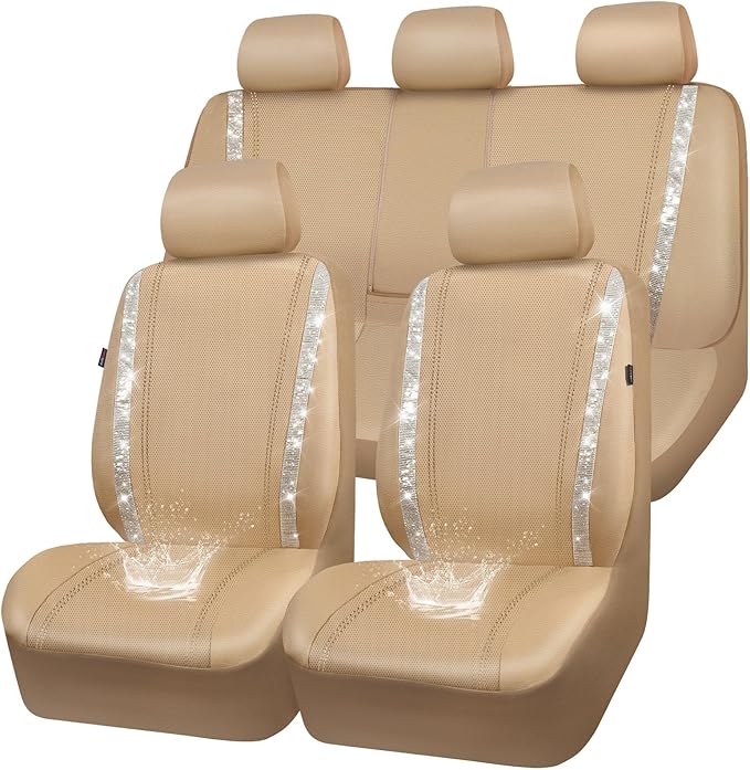CAR PASS Bling Diamond Car Seat Covers Full Set, Shining Glitter Rhinestone Waterproof Faux Leather Interior Sets Universal Fit Automotive Glitter Crystal Sparkle Strips for Cute Women Girl, Beige