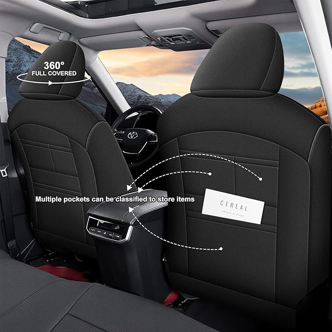 AOMSAZTO Custom Fit Seat Covers for Toyota Highlander 2014-2019 3-Rows 7 Seats, Second Row W/Captain Chairs Full Set Faux Leather Car Seat Cover Black