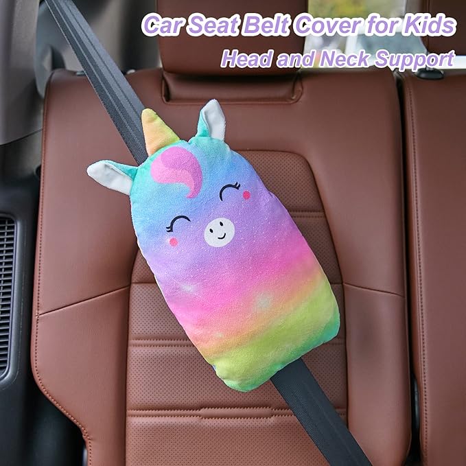 FIODAY Car Seat Belt Covers for Kids Unicorn Seat Belt Pillow Soft Seat Belt Cushion Adjust Seat Strap Pillow Head Neck Support for Children Boys Girls Travel, Rainbow