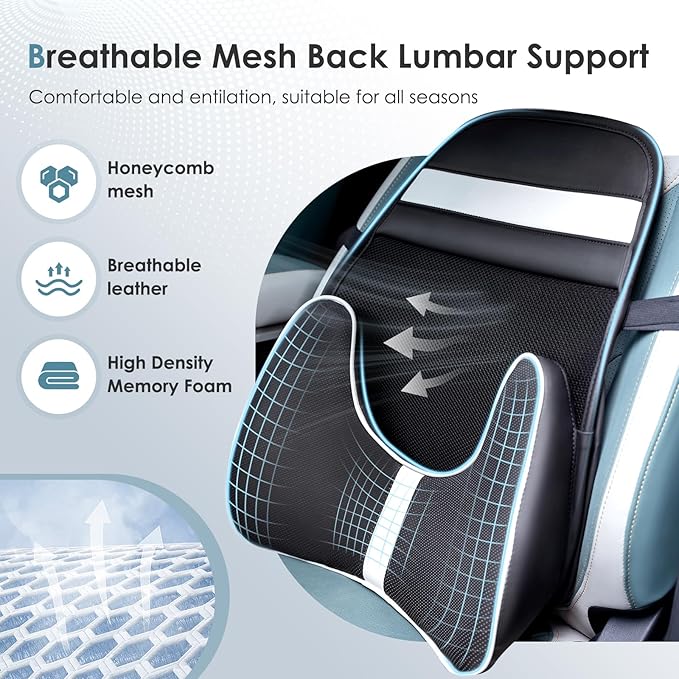 FLORICH Memory Foam Double Layer Breathable Mesh Lumbar Support Ergonomic Leather Lumbar Support Pillow with 3D Mesh Back Support and Adjustable Strap for CarSeat & Office Chair(Black)