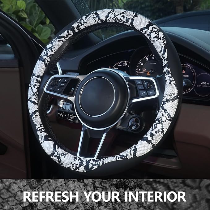 ZHOL Snake Skin Steering Wheel Cover, Breathable Microfiber Leather Universal 14.5-15 inch, Anti-Slip Car Steering Wheel Protector for Women Men, Black&White