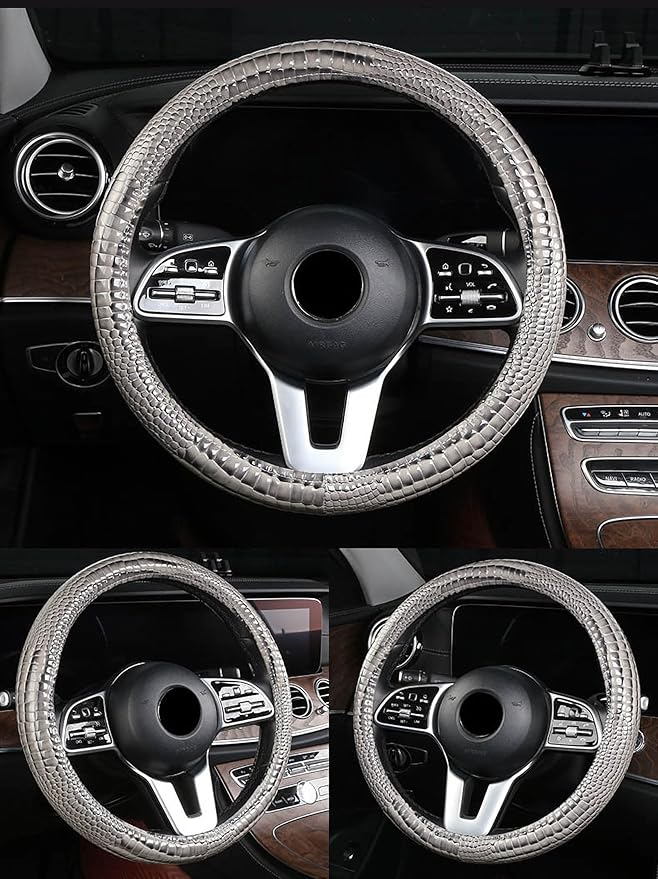 Luxury Crocodile Texture Glossy Leather Car Steering Wheel Cover, New Universal 15 Inch Vehicle Steering Wheel Cover for Cars, Trucks, Suvs, Pickups Interior Accessories (Gray)