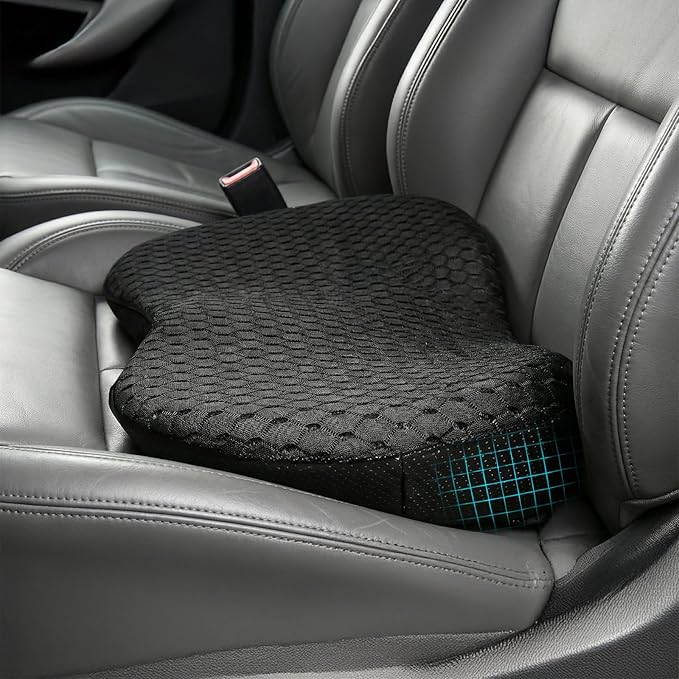 Car Seat Cushion - Memory Foam Seat Pad for Sciatica & Lower Back Pain Relief - Driving Cushion with Breathable Mesh Cover - Road Trip Essentials for Drivers (3D Black)