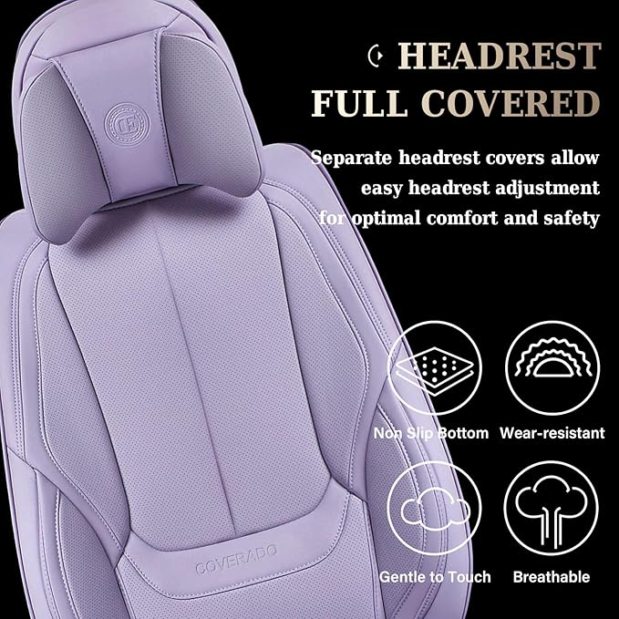 Coverado Universal Seat Covers Front, 2-Pack Universal Seat Covers for Cars, Waterproof Nappa Leather Car Seat Covers with Head Pillow, Auto Protectors Fit for Most Sedans SUV Pick-up Truck-Purple