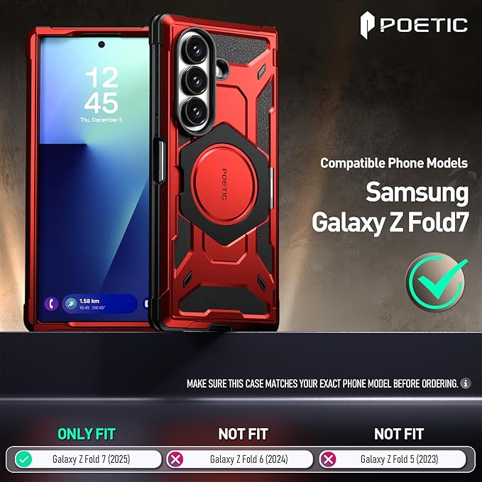 Poetic Spartan for Samsung Galaxy Z Fold 7 Case, [Hinge Protection][Magnetic Ring Adjustable Stand][Built-in Screen Protector][Compatible with MagSafe] Full-Body Rugged Phone Case, Metallic Red
