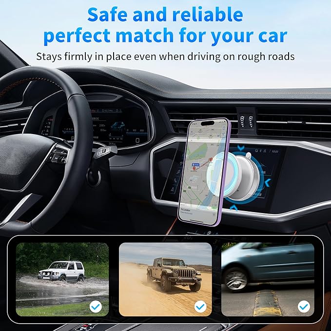 24Mags Magnetic Phone Holder for Car, 360-Degree Adjustable Dashboard Mount, Rotary Suction & Release, Detachable & Reusable for MagSafe & Android Phones with Magnetic Case, White