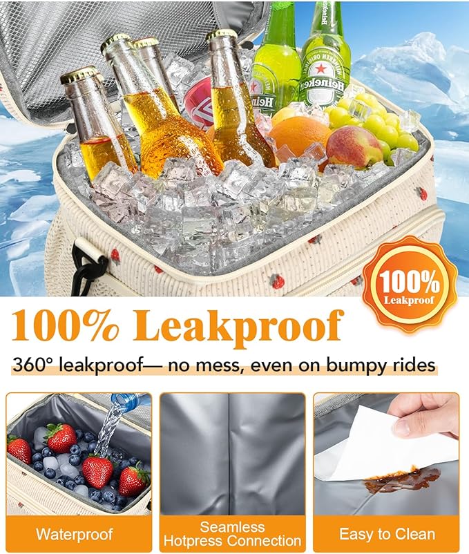 Insulated Lunch Bag for Men & Women, 9L Leakproof Lunch Box Soft Cooler Tote with 5 Pockets, 600D Oxford, EVA Lining, Adjustable Strap for Work, Picnic, Beach&Travel-Corduroy Strawberry