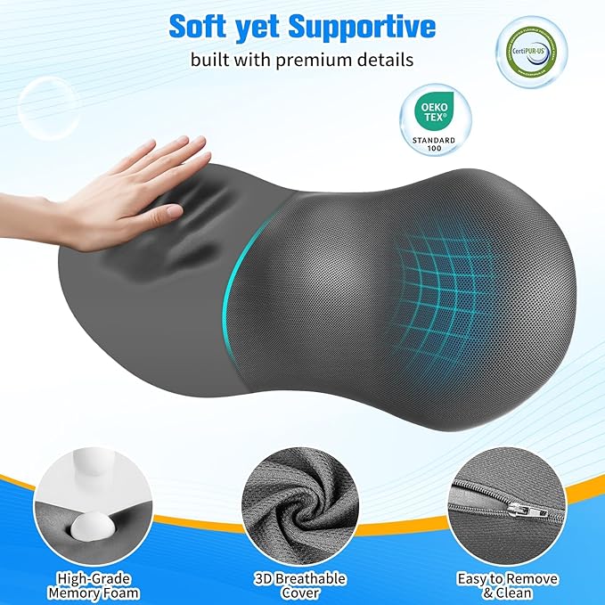 Lumbar Support Pillow for Office Chair - Memory Foam Lumbar Pillow with Detachable Strap & Breathable Cover, Ergonomic Back Support for Office Chair, Car, Bed Rest (Grey)