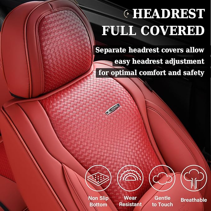 Coverado Car Seat Covers Full Set, Red Seat Covers for Cars, Waterproof Nappa Leather Automotive Seat Covers with Lumbar Head Pillow, Car Seat Protectors, Universal Fit for Most Cars SUV