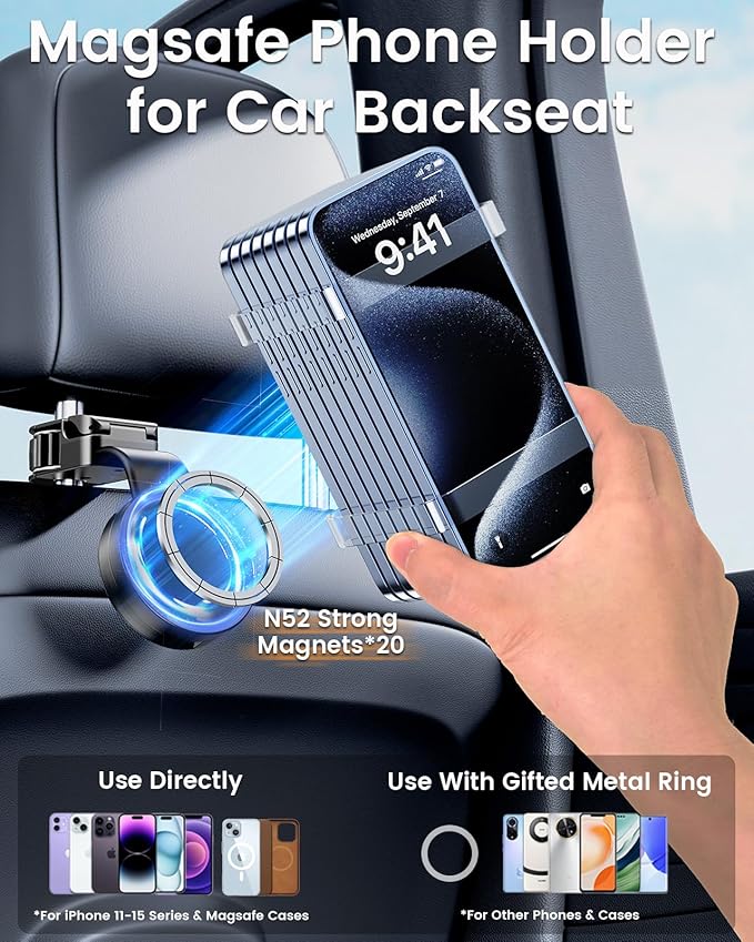 Magsafe Phone Holder for Backseat, Hideable Storage Key Bag & Bendable Strong Magnetic Seat Phone Holder for Kids iPhone 15 Pro Max