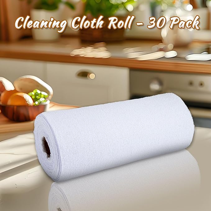 CARTMAN 30 Pack Microfiber Cleaning Cloth, Reusable Tear Away Towels Roll, 12"x12", Multi-Purpose Microfiber Towels Cleaning, Lint Free, Absorbent Cleaning Rags for Kitchen, Car, Glass White