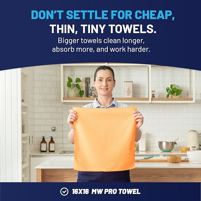 MW Pro Microfiber Cleaning Cloth | Orange | 12 Pack | 16” x 16” | All Purpose Microfiber Towels - Clean, Dust, Polish, Scrub, Absorbent