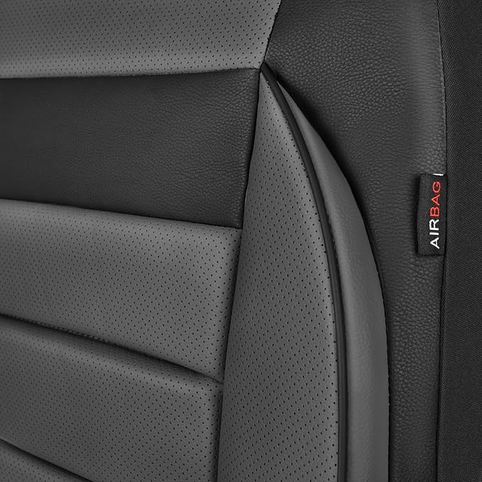 CAR PASS Leather Car Seat Covers Front Seats Only, Universal Fit Automotive Interior Waterproof 3D Foam Back Support Car Seat Covers for Trucks Vans and SUVs Airbag compatible 2 Pieces black gray grey
