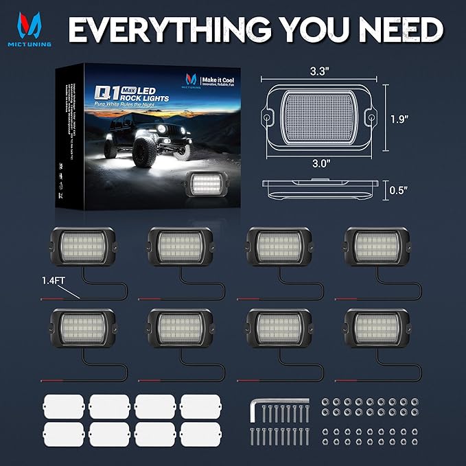 MICTUNING Q1 Max White Rock Lights, 8 Pods Super Bright Pure Underglow Light Kit, IP68 Waterproof for Truck Car ATV UTV Golf Cart (2 Year Warranty)