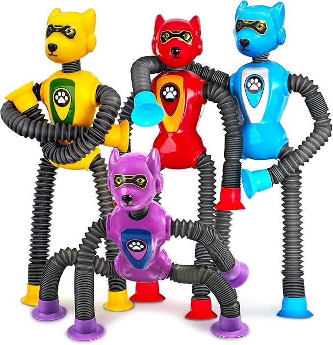 4PC Robot Dog Sensory Pop Tube Travel Toys for Boys Toddler Kid Airplane Car Toy Activities Autistic Road Trip Suction Tube for Boy 3 - 8 ADHD Autism Easter Basket Stuffers Valentine Gift