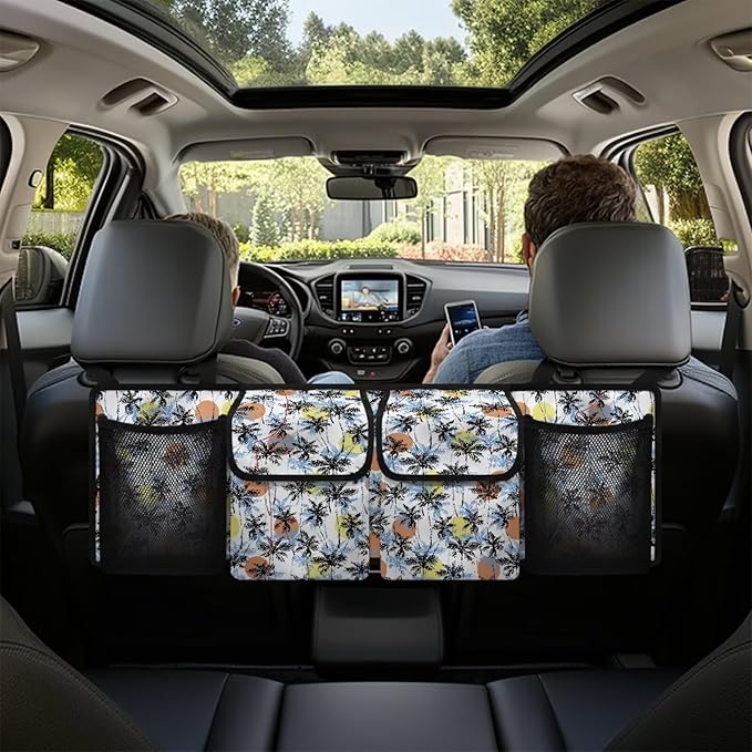 Palm Print Trunk Hanging Organizer, Backseat Bag, Car Interior Accessories with 2 Pockets & 2 Mesh Pouches for Groceries, Will Provide More Storage Trunk Space for SUV, Jeep, MPVs