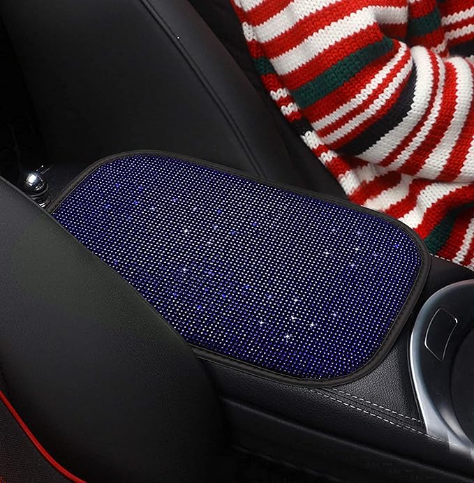 Bling Bling Car Armrest Cover Auto Center Console Protective Cover Luster Crystal Rhinestone Car Arm Rest Cushion Pad Car Interior Accessory (Bling-Blue)