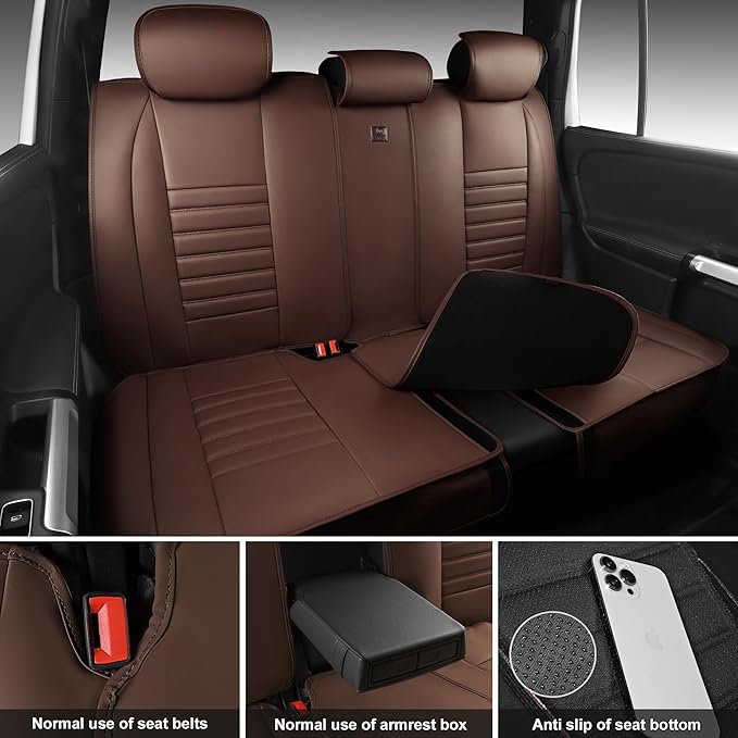 CAR PASS Nappa Leather Car Seat Covers Full Set, Luxury Seat Protector for Cars, Waterproof Anti-Slip Seat Cushion Armrest Compatible Airbag Universal for Sedan SUV Pick-up Truck Auto,Brown