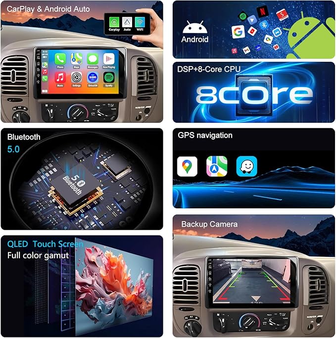 QLED Radio for Ford F150 1999 2000 2001 2002 2003 Upgrade,Touch Screen Stereo Replacement,Wireless carplay Android auto,Free Camera