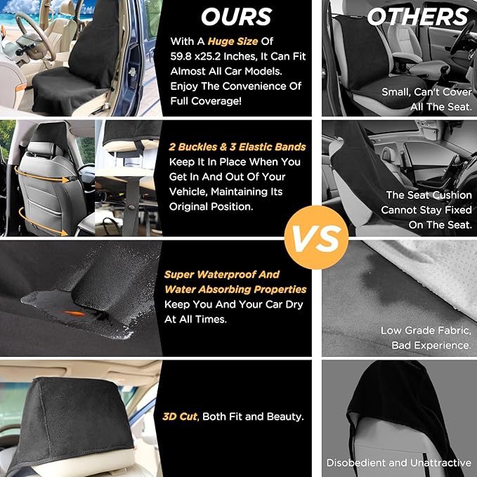 Waterproof Seat Cover Towel, Premium Sweat Carseat Protector, Perfect for Universal Anti-Slip Car Truck SUV Seat, Great for Surfing Yoga Gym Workout, Black