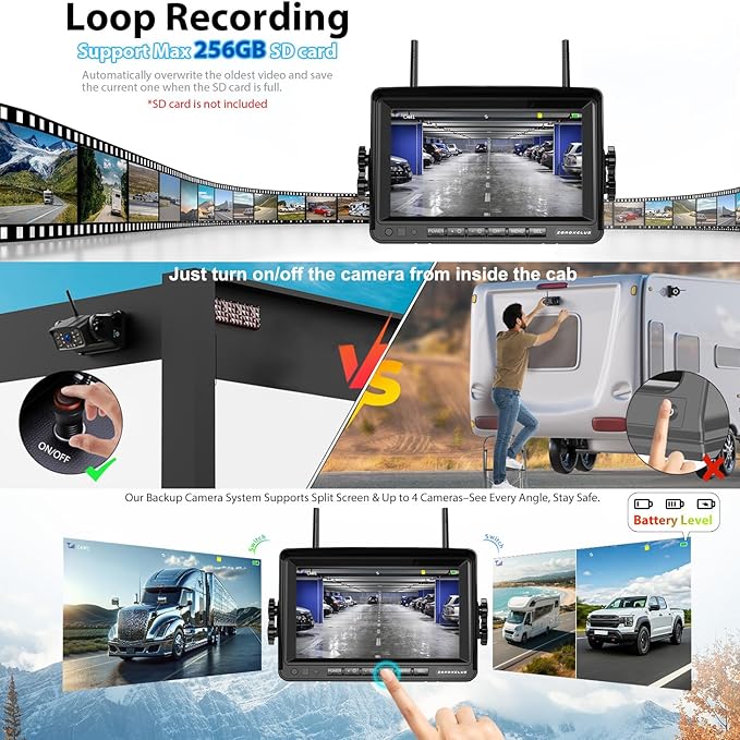 ZEROXCLUB Magnetic Wireless RV Backup Camera System: Rear Camera with 7" HD 1080P DVR Monitor, DVR Monitor & IR Night Vision, Portable Rechargeable Camera for RV/Trailer/Fifth Wheels/Camper