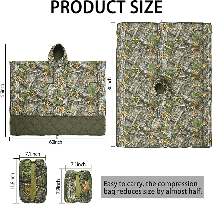 Poncho Liner Hoodie with Pocket Insulated Military Sleeping Bag Water Resistant for Outdoor Camping Travel Survival Hunting Car Emergency