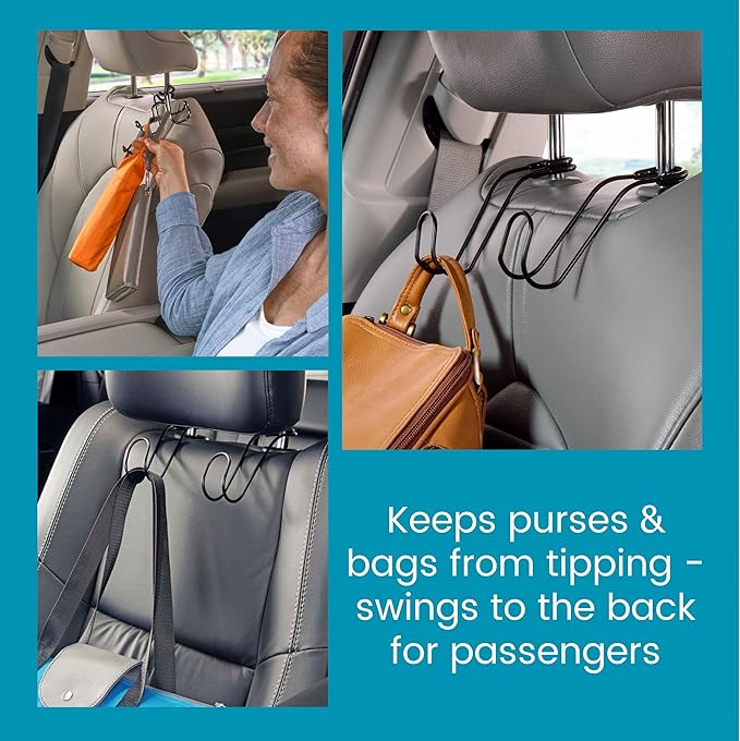 High Road Unbreakable Car Bag Hooks - Large, Solid Metal Car Seat Hooks for Purse, Backpack, Coats, Hats and Heavy Bags up to 40 lbs - Secure Attachment Fits All Metal Headrest Posts, 2-Pack