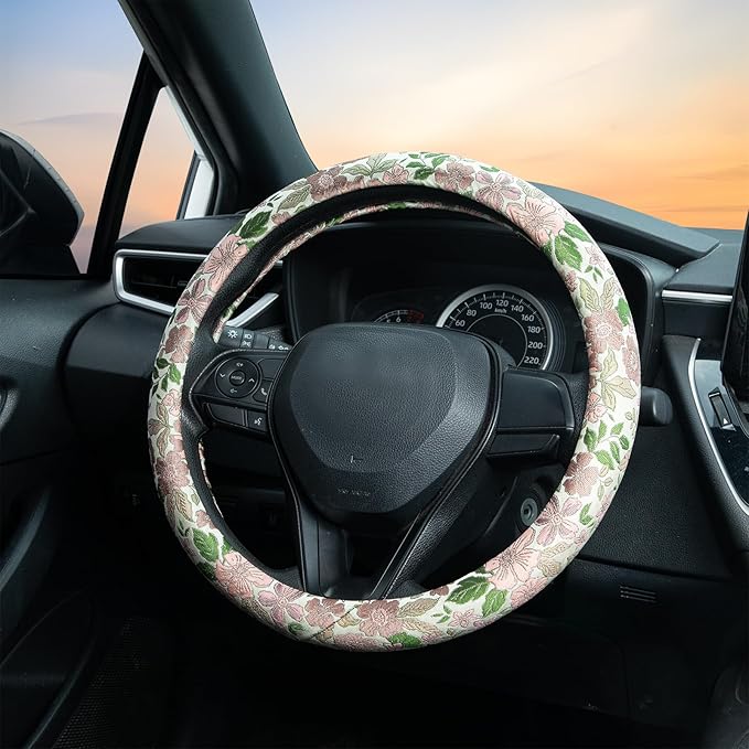 Retro Pink and Purple Flowers Steering Wheel Cover Auto Jacquard Steering Wheel Protector, Anti-Slip, Breathable, Absorbing Sweat, Universal Car Accessories 14.5–15 inch,Fit for Most Car, Trucks, SUV