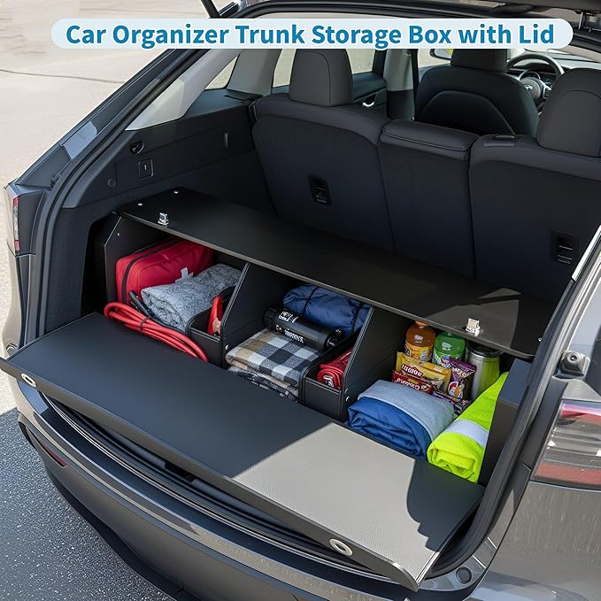 Trunk Organizer for SUV, Leather Car Organizers and Storage with lid & Sturdy Handle, Waterproof Hard Car Trunk Storage Box for Sedan, Travel, Grocery, Daily (Black, 37''*11.41''*12.5'')