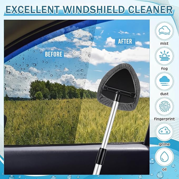 FoldTier 8 Pcs Car Windshield Cleaner Kits with Extendable Handle, 5 Microfiber Towel Pads, 1 Brush, 1 Empty Spray Bottle for Auto Glass Wiper Suvs Rvs & Home Windows (Grey)