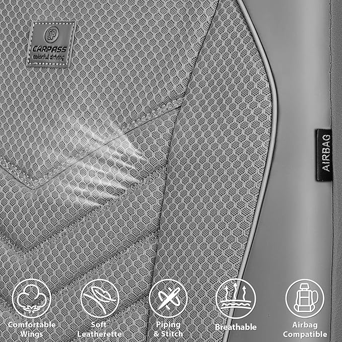 CAR PASS 3D Foam Mesh Leather Car Seat Covers Front Seats, Grey Breathable Front Seat Cover for Cars, Comfortable Universal Fit for SUV Truck Sedan Automotive Anti-Slip Airbag Compatible, Pure Gray