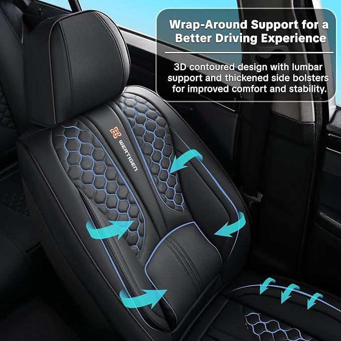 Black Universal Car Seat Covers Premium Nappa Leather with Lumbar Support Waterproof Full Set Non-Slip Contoured Fit Airbag Compatible Fits Most Vehicles Easy to Clean and Install