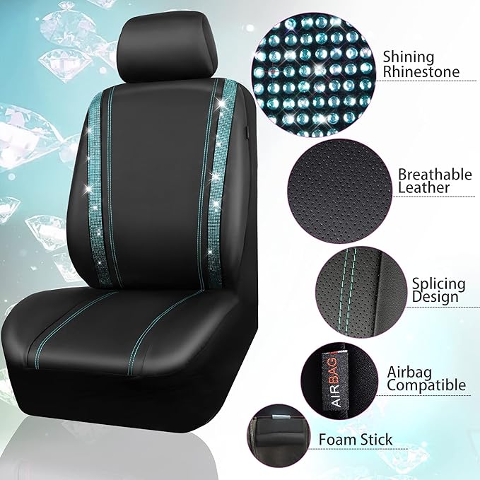 CAR PASS Leather Bling Diamond Car Seat Covers 2 Front Interior Sets, Waterproof Universal Shining Glitter Crystal Sparkle Fit for 95% Automotive Truck SUV Cute Women Girl, Black Mint Rhinestone