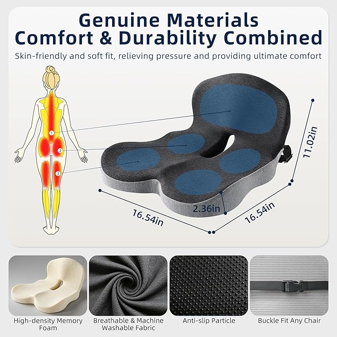 lazyzzz Memory Foam Seat Cushion, Ergonomic Office Chair Seat Cushion with Lumbar Support & Adjustable Strap, Car Seat Cushion Back Pain Relief for Truck Driver, Office Chair, Gaming Chair
