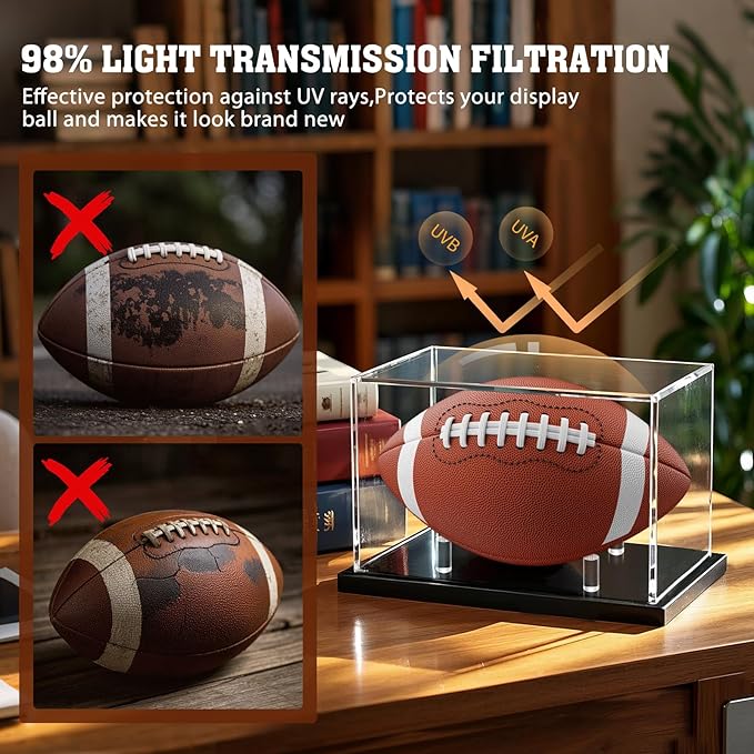 Football Display Case, Acrylic Football Case Display Clear, UV Protected Memorabilia Holder, Football Stand for Autographed, No Assembly Required
