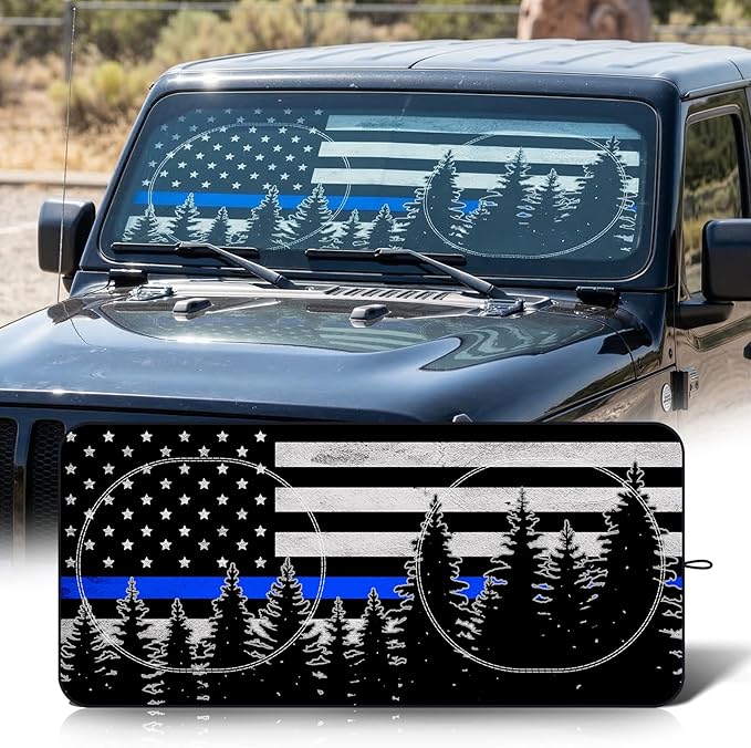 63"x28.5" Car Windshield Sun Shade with Storage Pouch, Stylish Printed Front Window Sunshade with Double Ring Frame, Universal Fit Foldable Heat Blocker & UV Protector for SUV, Sedan (Blue Line Flag)