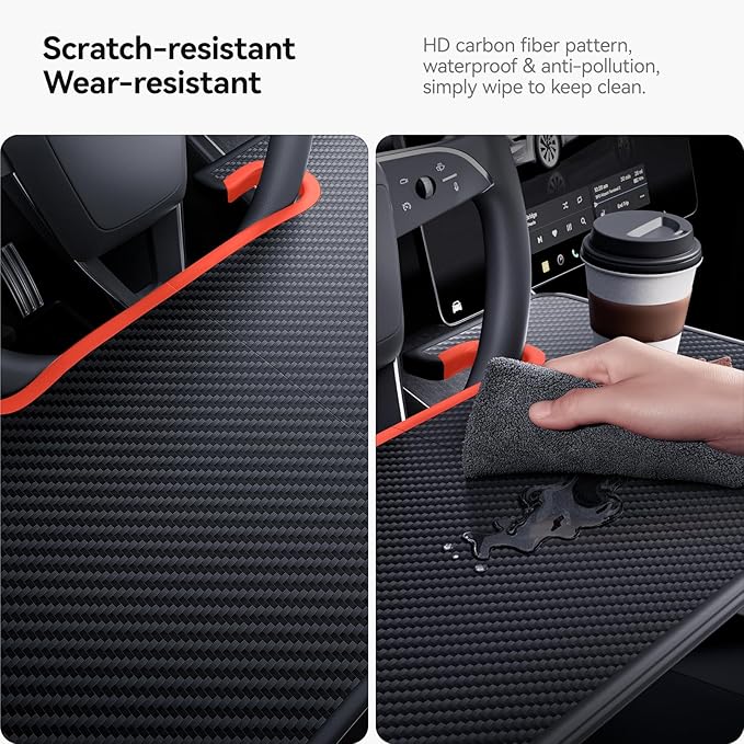 YONZEE 2-in-1 Car Steering Wheel Desk Tray & Car Seat Gap Filler Organizer – Foldable Carbon Fiber Look Table for Laptop, Eating, Writing – for Standard Round Steering Wheels