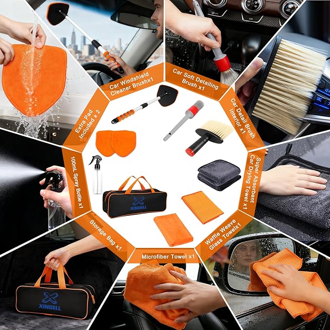 XINDELL Windshield Cleaner Tool, Extendable Car Window Cleaning Kit with 360° Rotating Head, All Purpose 10pcs Interior Exterior Glass Cleaner for Cars Trucks SUVs, with Microfiber Pads & Towels
