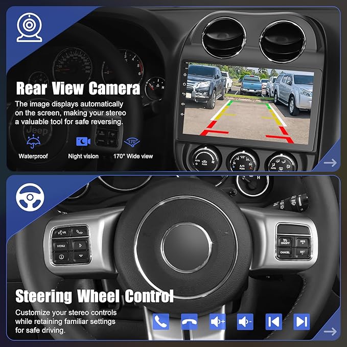 8 Core +64GB Car Radio for Jeep Compass Patriot 2010-2016,10.2 Inch QLED Touchscreen with Carplay&Android Auto,Support Bluetooth,Back-up Camera,FM Radio,SWC,GPS Navigation