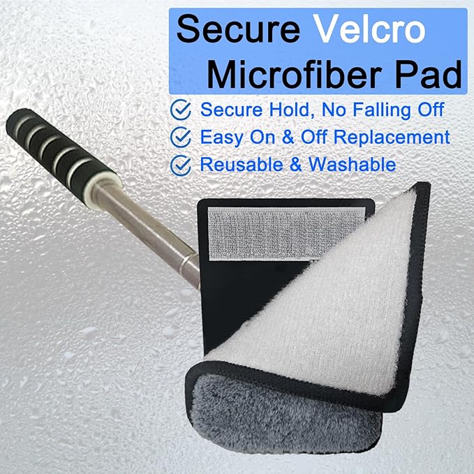 7Pcs Car Windshield Cleaner Tool Kit with Extendable Handle & 4 Upgraded High-Density Reusable Microfiber Pads, Velcro Microfiber Pads for Fast Stick & Peel for Cars, SUVs, Trucks & Home Windows