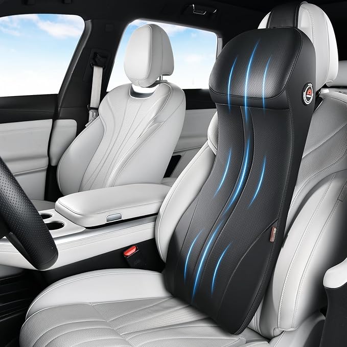 Coverado Lumbar Support and Headrest Pillow for Car, Integrated Design Ergonomic Memory Foam Head Neck Support Pillow for Driving Seat, Soft Leather Breathable Back Support, Back Pain Relief, Black