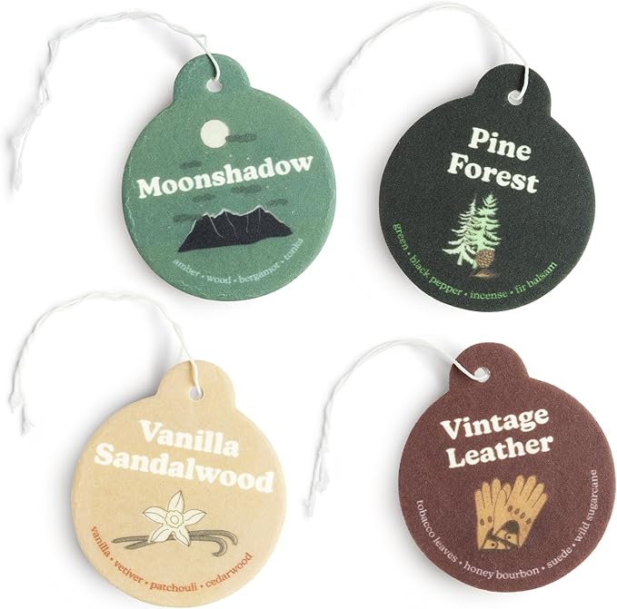 Happy Wax Earthy Mix Car Charms 4-Pack - Includes: Moonshadow, Pine Forest, Vanilla Sandalwood and Vintage Leather