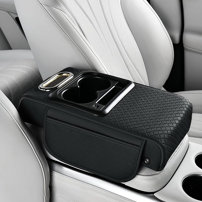 Car Armrest Box Mat - Multi-Functional Black Leather Center Console Cover Waterproof Height Enhancement Cushion with Storage Box Cup Tissue Phone Holder Card Pocket for Car Interior Accessory