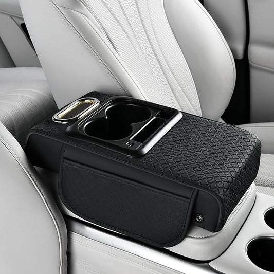Car Armrest Box Mat - Multi-Functional Black Leather Center Console Cover Waterproof Height Enhancement Cushion with Storage Box Cup Tissue Phone Holder Card Pocket for Car Interior Accessory