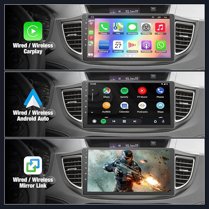 4GB+64GB Car Radio for Honda CRV 2012 2013 2014 2015 2016, 10 Inch IPS Touch Screen CRV Car Stereo with Wireless Carplay/Android Auto, DSP, Bluetooth, Backup Camera, Built-in GPS, FM Radio
