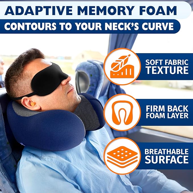 Neck Pillow for Plane Travel – 4-in-1 Kit | Adjustable Blue Memory Foam Neck Support Pillow, Eye Mask, Earplugs, & Cover | Cozy, Washable Cotton Cover with Secure Buttons – Comfort Traveling
