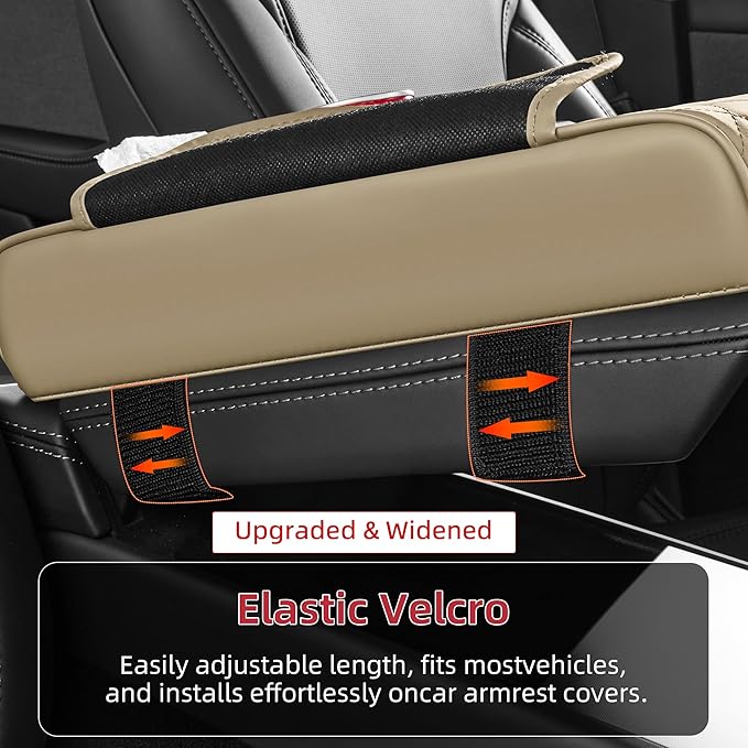 5 in 1 Car Center Console Cover, Armrest Pad with 2 Storage Pockets, Cup Holder, Tissue Box Slot, Phone Holder, Universal Car Interior Organizer (Beige)