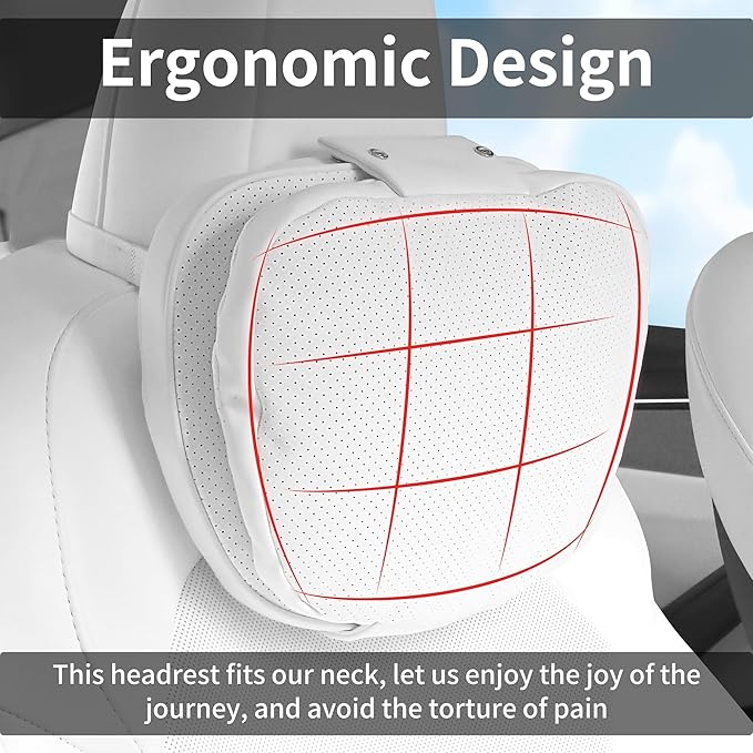 Car Headrest Pillow for Driving, Dual-Sided Leather Design Neck Pillow, Breathable Softness Neck Support, Universal Fit Head Rest Travel Pillow, White, 2 Pack