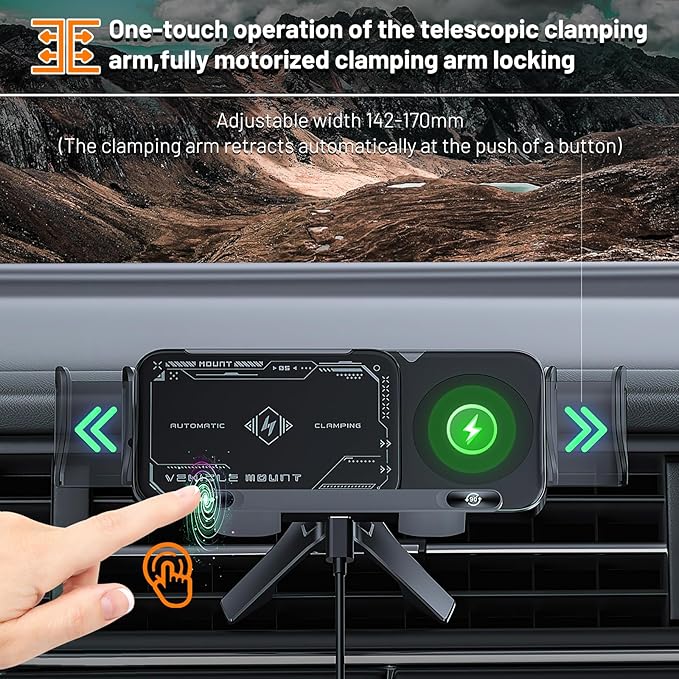 High Intelligent 2 in 1 Auto Rotating Car Charger Cell Phone/Pad Holder, One-Touch Rotatable Car Vent Mount for Smartphone/Pad/Foldable Phone (Black)