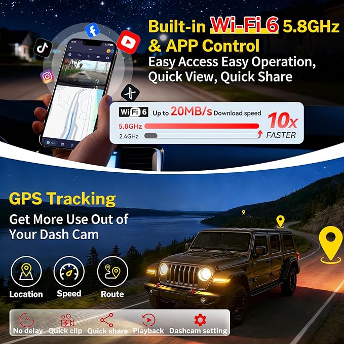 Front 4K Dash Cam Custom fit for Jeep Gladiator JT 2018 2019 2020 2021 2022 2023 2024 Mojave Overland& Wrangler JL 2018-2024 etc,OEM Look,Camera 2160P Video HDR,5.8GWiFi,GPS,Plug&Play,G-Sensor